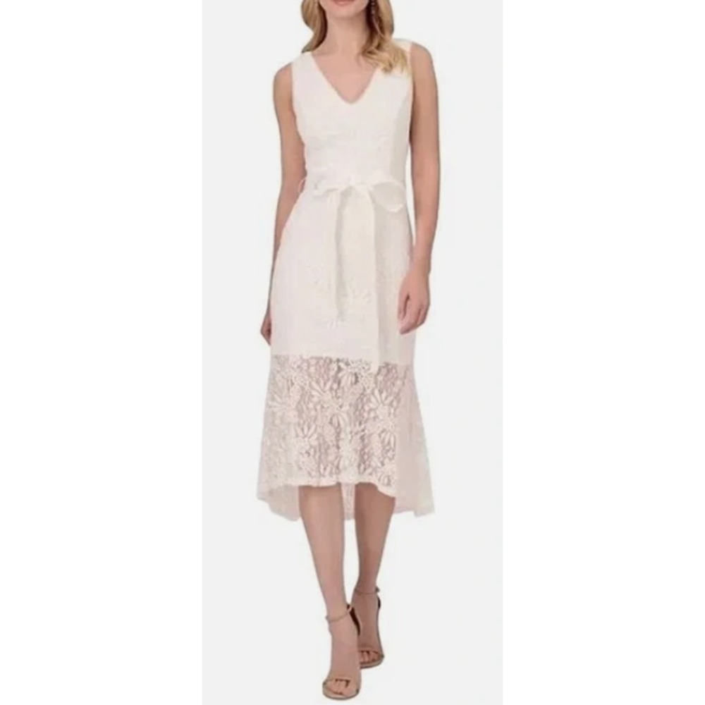 ADRIANNA PAPELL Womens Ivory Lined Self-tie Sash Flounce Hem Midi Dress 4 NWT